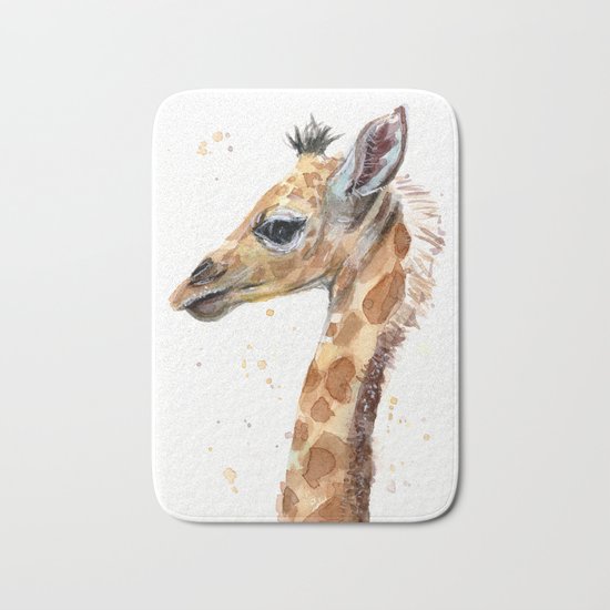 Giraffe Watercolor Cute Baby Animals Whimsical Art Bath Mat
