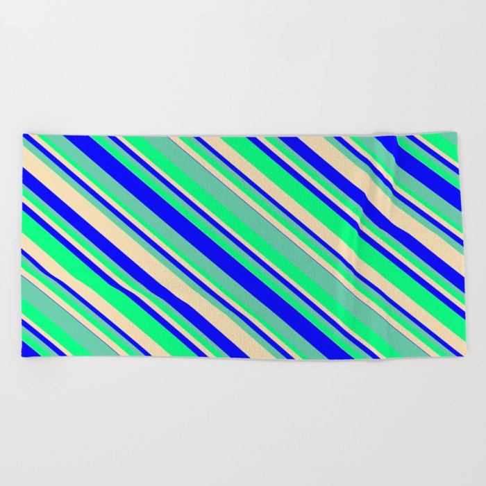Tan, Blue, Aquamarine & Green Colored Lines Pattern Beach Towel