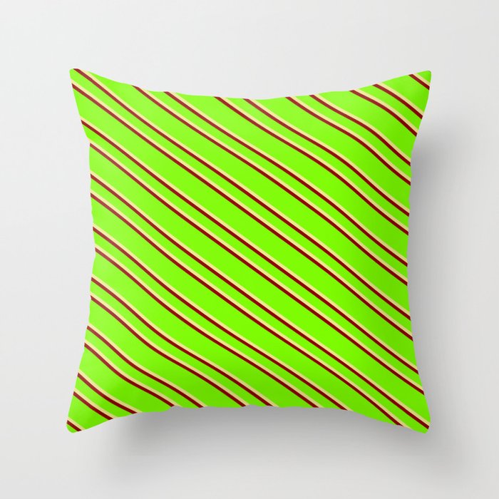 Green, Tan & Dark Red Colored Striped Pattern Throw Pillow