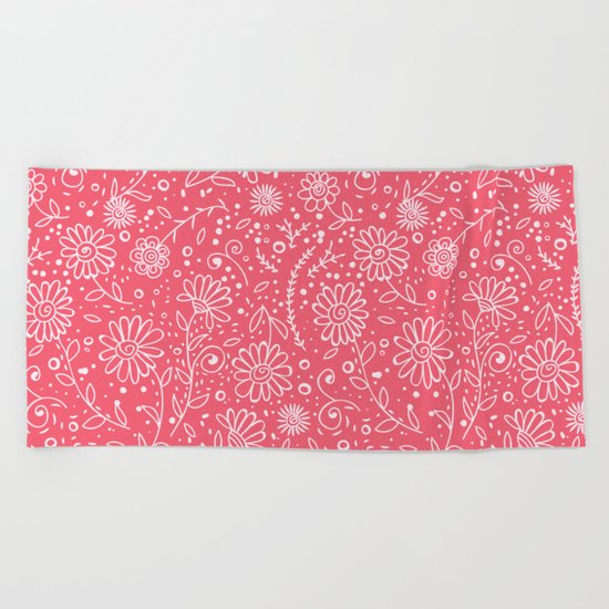 Red doodle floral pattern Beach Towel