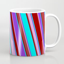 [ Thumbnail: Purple, Plum, Brown, Dark Red & Cyan Colored Lines/Stripes Pattern Coffee Mug ]