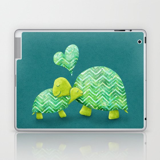 Sweet Turtle Hugs with Heart in Teal and Lime Green Laptop & iPad Skin