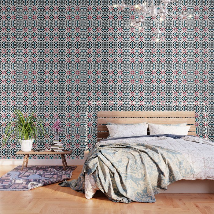 Oriental Pattern Geometric Design Red Blue Grey Wallpaper By Ohaniki Society6