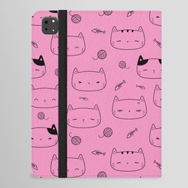Pink and Black Doodle Kitten Faces Pattern iPad Folio Case
