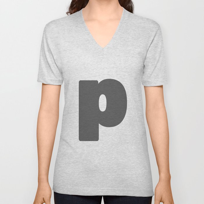 p (Grey & White Letter) V Neck T Shirt