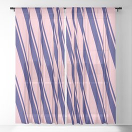 [ Thumbnail: Midnight Blue and Pink Colored Lined/Striped Pattern Sheer Curtain ]