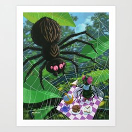  fly having picnic in spider web with big spider Art Print