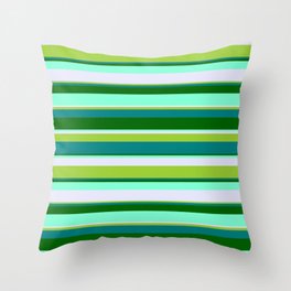 [ Thumbnail: Eyecatching Green, Teal, Dark Green, Aquamarine & Lavender Colored Striped/Lined Pattern Throw Pillow ]