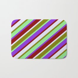 [ Thumbnail: Vibrant Light Green, Purple, Dark Red, Lavender, and Green Colored Lined/Striped Pattern Bath Mat ]