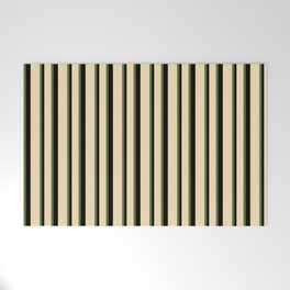 [ Thumbnail: Dark Olive Green, Tan & Black Colored Striped Pattern Welcome Mat ]