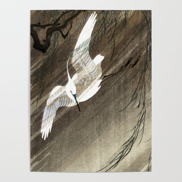 Ohara Koson, Egret Flying In Storm - Vintage Japanese Woodblock Print  Poster