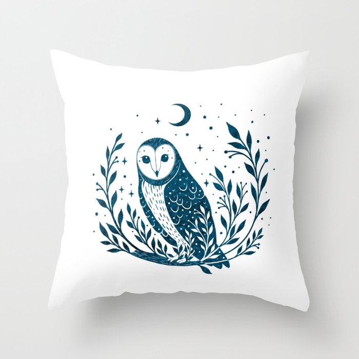 Owl Moon - Blue Throw Pillow