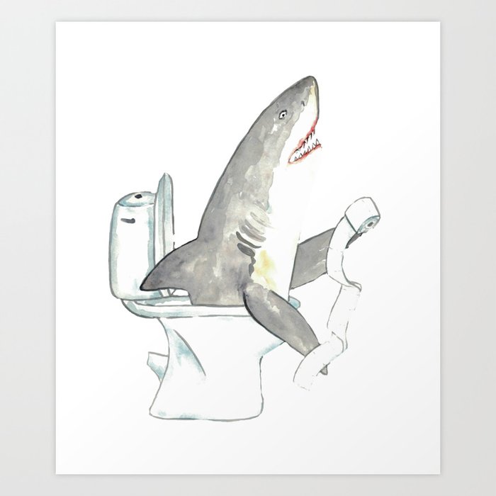 Shark in the bathroom painting watercolour Art Print