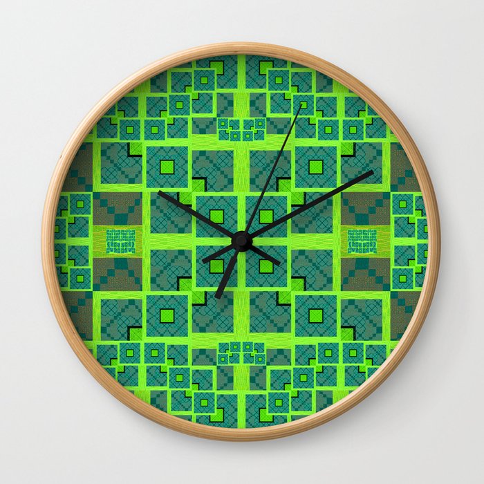 Retro Techno Glitch Quilt Green Print Wall Clock