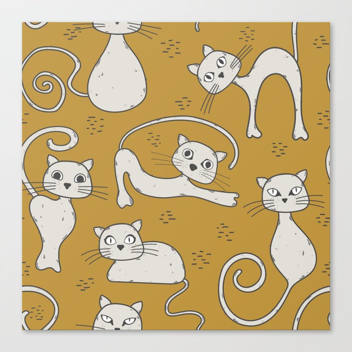 Mustard yellow and off-white cat pattern Canvas Print
