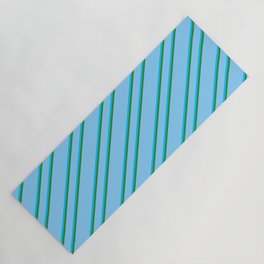 [ Thumbnail: Light Sky Blue, Deep Sky Blue, and Forest Green Colored Striped Pattern Yoga Mat ]