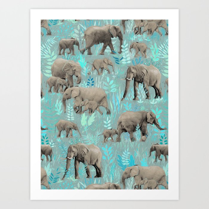 Sweet Elephants in Soft Teal Art Print