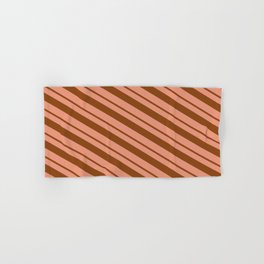 [ Thumbnail: Dark Salmon & Brown Colored Lined Pattern Hand & Bath Towel ]