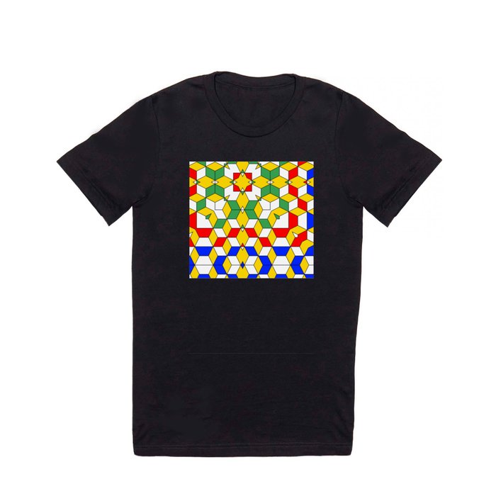 Geometric Blue Green Red Yellow Cubed Pattern T Shirt