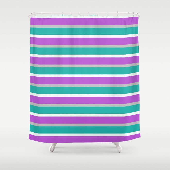 Grey, Light Sea Green, Mint Cream, and Orchid Colored Lined Pattern Shower Curtain