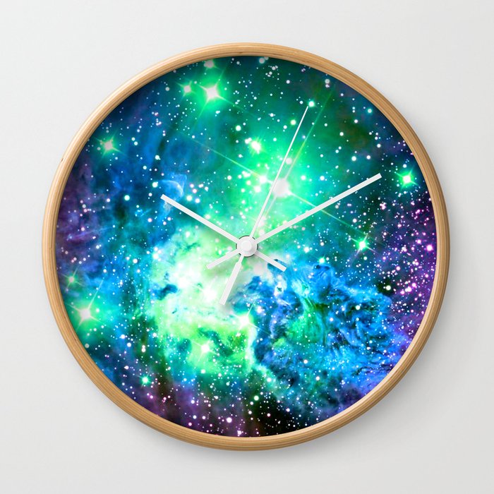 Fox Fur Nebula BRIGHT : Green Blue Purple Galaxy Wall Clock