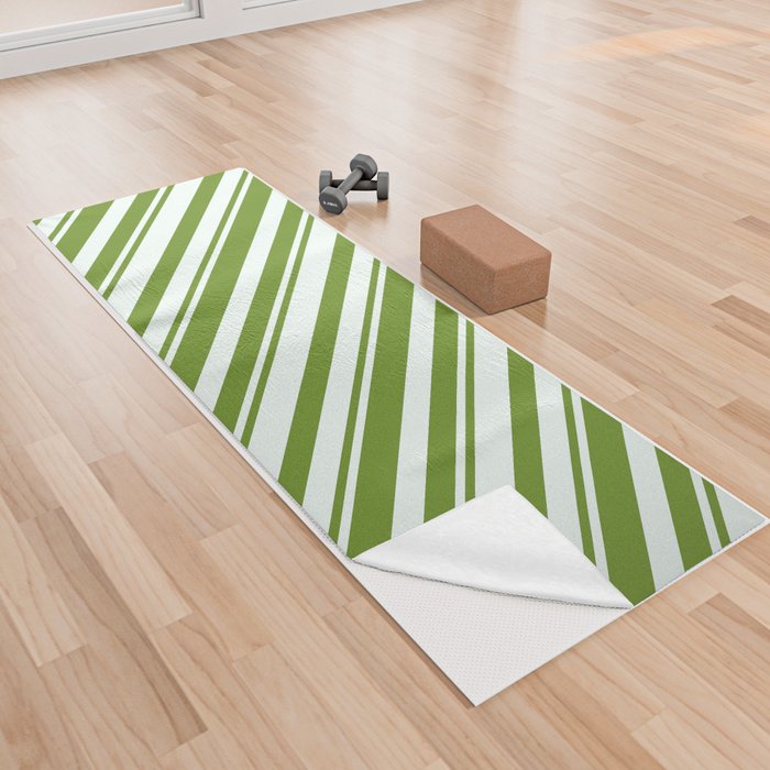 Mint Cream and Green Colored Stripes Pattern Yoga Towel