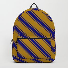 [ Thumbnail: Dark Goldenrod & Blue Colored Stripes Pattern Backpack ]