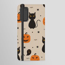 Halloween seamless pattern with black cat and ghost pumpkin Hand drawn cartoon background in childrens style, vintage illustration Android Wallet Case