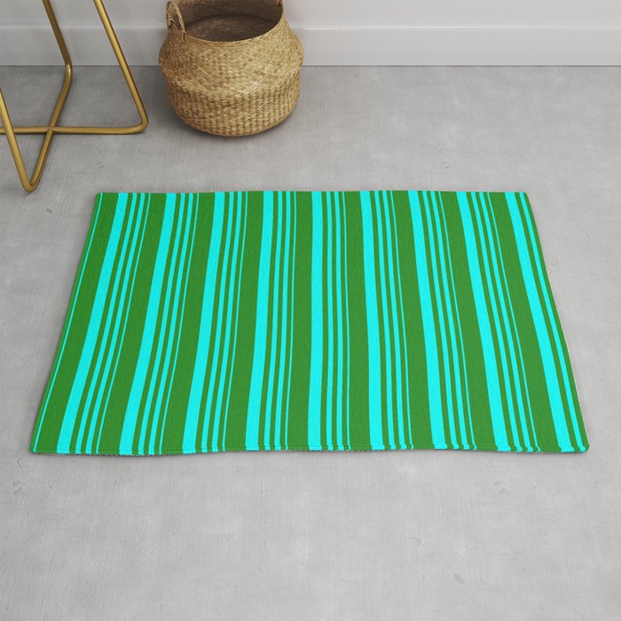 Cyan and Forest Green Colored Stripes Pattern Rug
