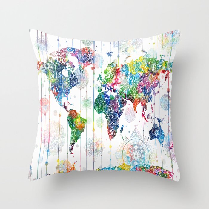 world map mandala white Throw Pillow