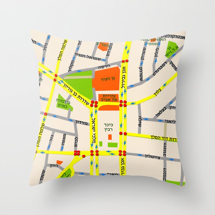 Tel Aviv map design - written in Hebrew Throw Pillow