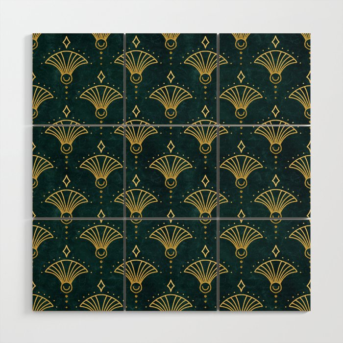 Elegant Luxury Art Deco Century Pattern Gold Green Wood Wall Art