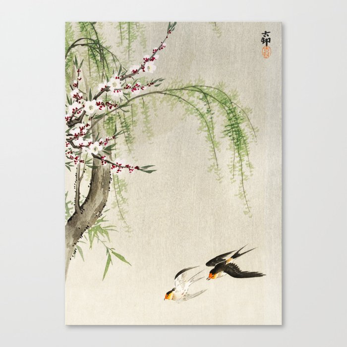 Swallows mid flight - Vintage Japanese Woodblock Print Art Canvas Print