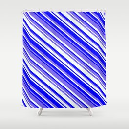 [ Thumbnail: Medium Slate Blue, Mint Cream, and Blue Colored Lines Pattern Shower Curtain ]