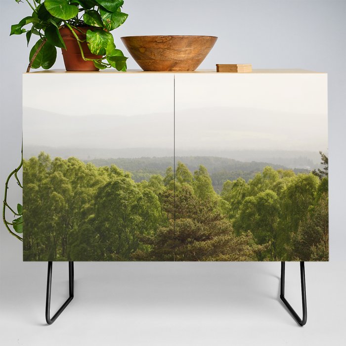 Scottish Highlands Tree Scape and Misty Mountains Credenza