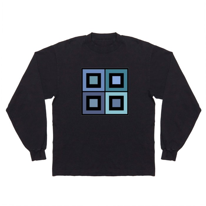 Phoebe - Colorful Minimal Classic Geometric 90s Square Art Design Pattern in Blue on Black Long Sleeve T Shirt