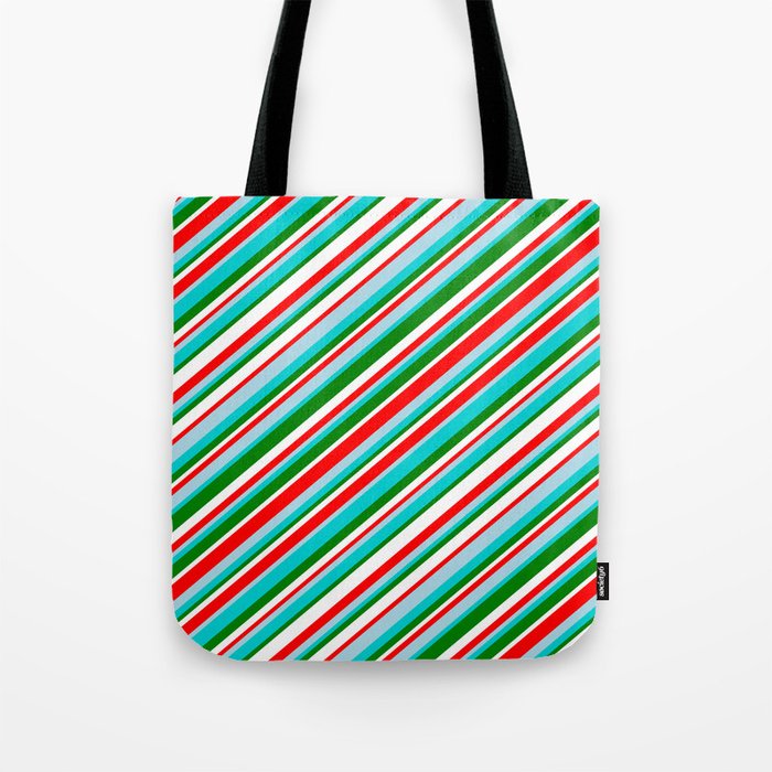 Vibrant Red, Light Blue, Dark Turquoise, Green & White Colored Striped Pattern Tote Bag