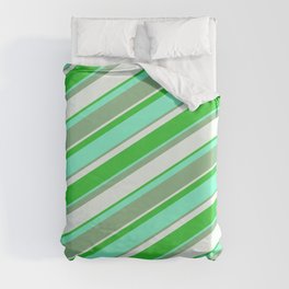 [ Thumbnail: Aquamarine, Dark Sea Green, Mint Cream & Lime Green Colored Lined Pattern Duvet Cover ]