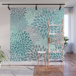 Modern, Floral Prints, Teal and Gray Wall Mural