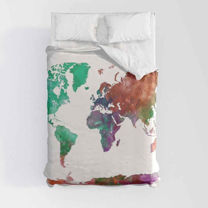 multicolored watercolor world map Duvet Cover