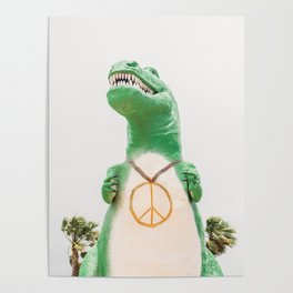 Green T-Rex Cabazon Dinosaur with Peace Sign - Palm Springs Poster