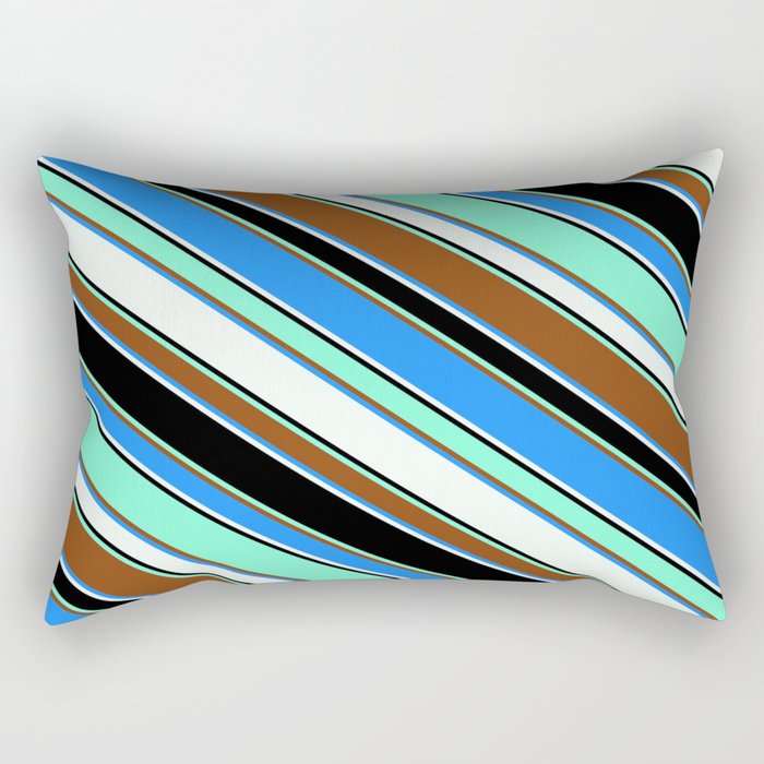 Colorful Brown, Blue, Mint Cream, Black & Aquamarine Colored Striped Pattern Rectangular Pillow