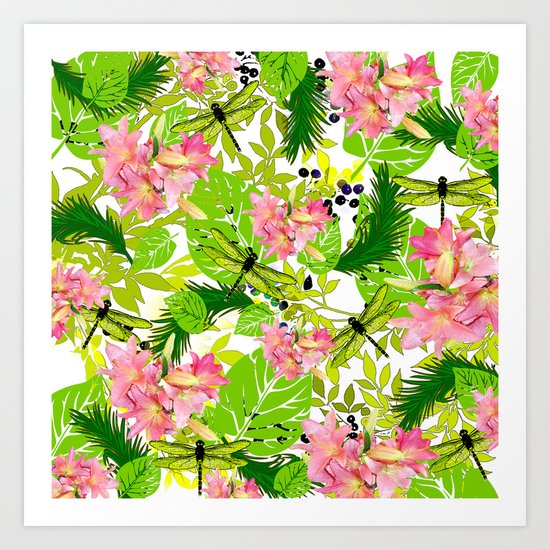 PALM AND LILY PINK AND GREEN Art Print