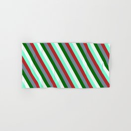 [ Thumbnail: Mint Cream, Aquamarine, Red, Light Slate Gray, and Dark Green Colored Striped/Lined Pattern Hand & Bath Towel ]
