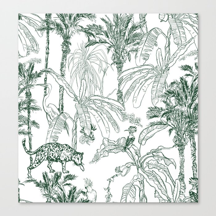 Seamless Pattern Vintage Lithograph Sketch Drawing Wildlife Leopard Animal, Hoopoe, Cockatoo Parrots and Crane Birds in Banana Palm Trees Jungle Rainforest Etching Hand Drawn Textile Design Canvas Print