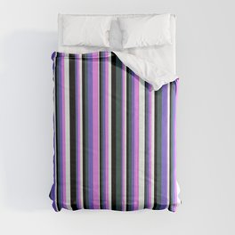 [ Thumbnail: Eyecatching Dark Slate Gray, Slate Blue, Violet, Mint Cream, and Black Colored Pattern of Stripes Comforter ]