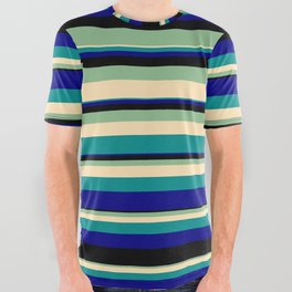 [ Thumbnail: Vibrant Dark Sea Green, Beige, Dark Cyan, Blue & Black Colored Striped/Lined Pattern All Over Graphic Tee ]