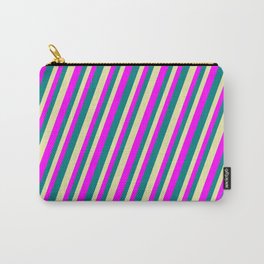 [ Thumbnail: Pale Goldenrod, Fuchsia, and Teal Colored Striped Pattern Carry-All Pouch ]