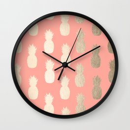 Gold Pineapples on Coral Pink Wall Clock