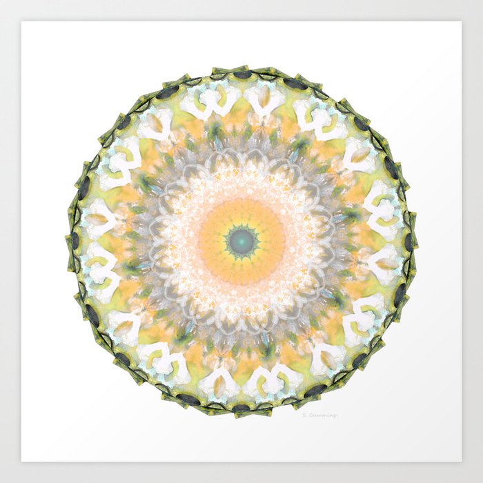 White Lily Mandala - Peach And Green Art Art Print
